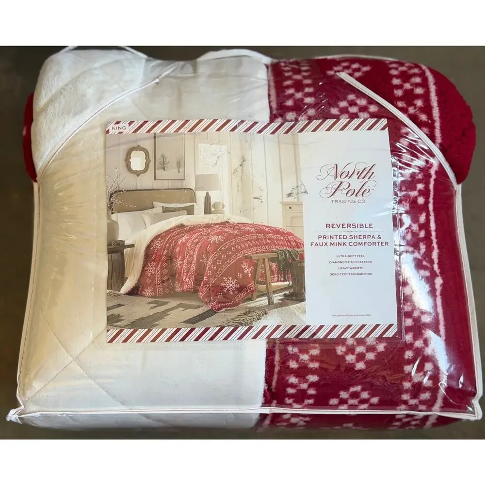 North Pole Trading Co. Reversible Printed Sherpa & Faux Mink Comforter KING Red